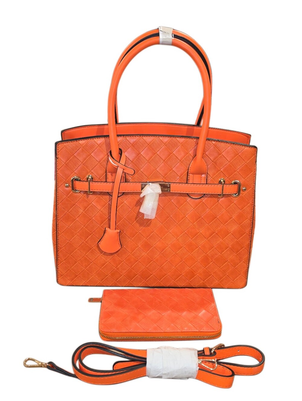 Brand New - Orange Woven Tote Bag with Matching Wallet & Gold-toned Lock